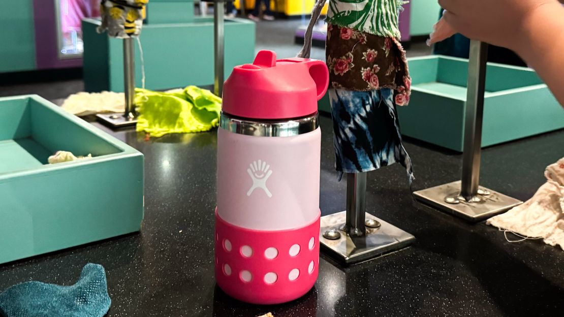 A photo of a pink Hydro Flask kids water bottle on a table