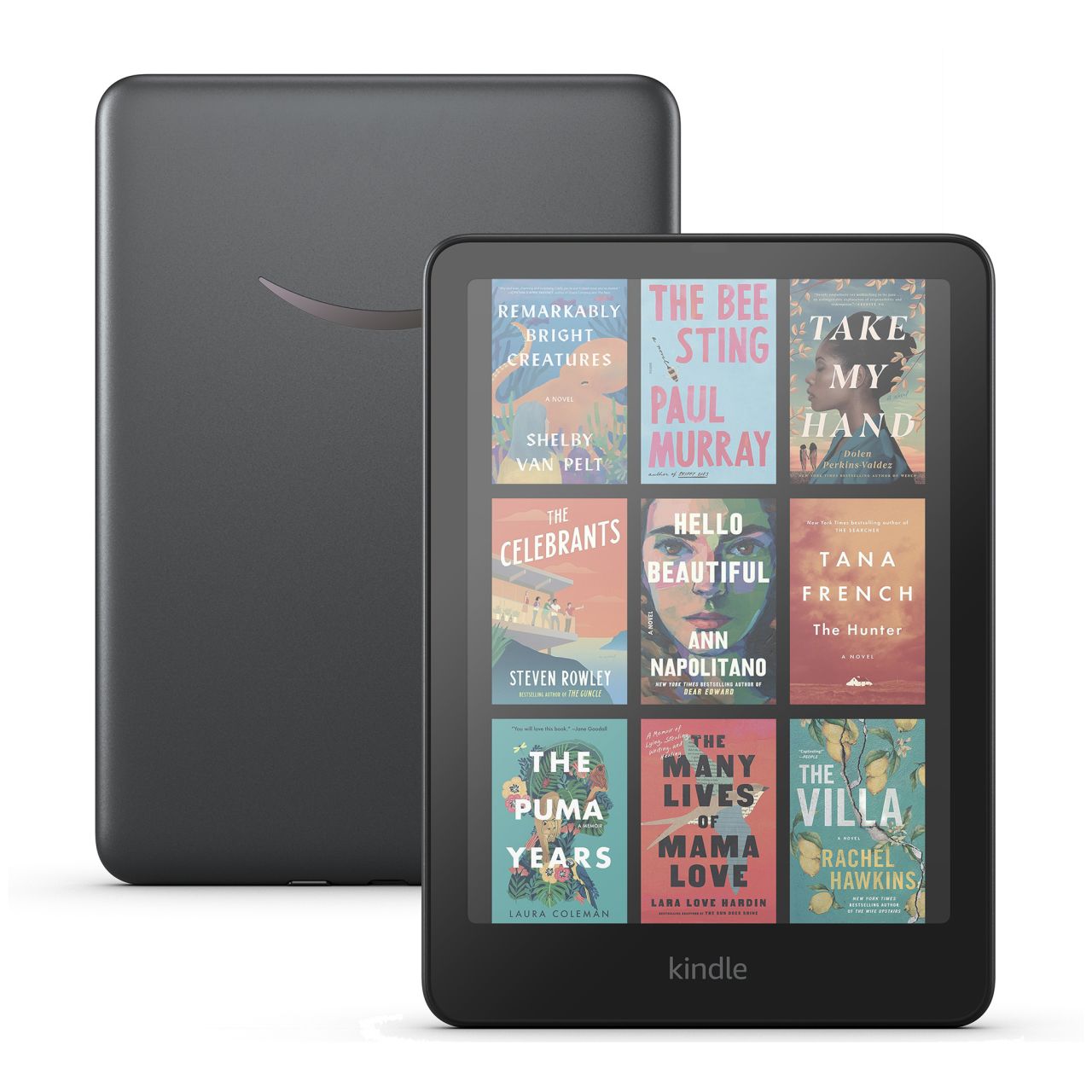 The Kindle Colorsoft is turned on and shows a grid of full-color books