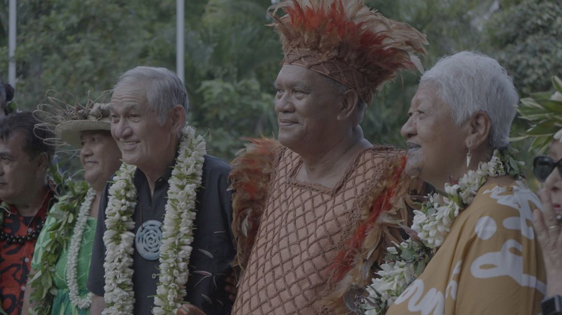 Māori King Tūheitia Pōtatau and Tou Travel Ariki, Cook Islands President of the House of Ariki, at the signing of the He Whakaputanga Moana declaration in Rarotonga, Cook Islands.