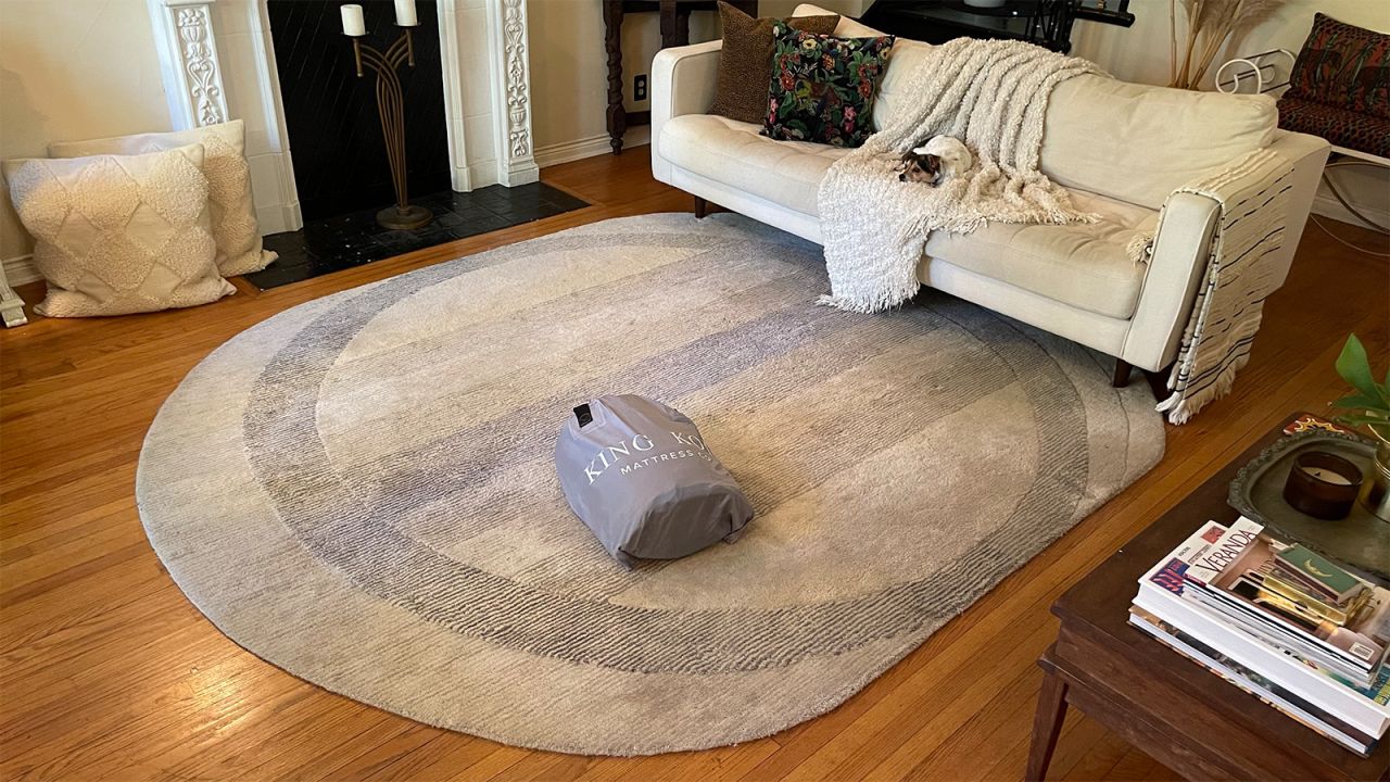 A packed King Koil air mattress in its storage bag, sitting on a living room floor, watched over by a small brown and white dog seated on a couch.