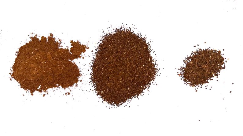 Three piles of coffee grounds from fine to coarse from the Kinu M47 Classic