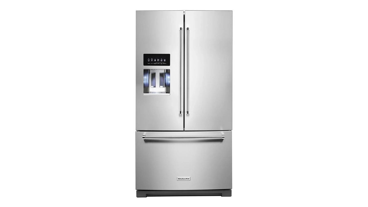 A stainless steel KitchenAid French Door Refrigerator, 27 Cubic Foot