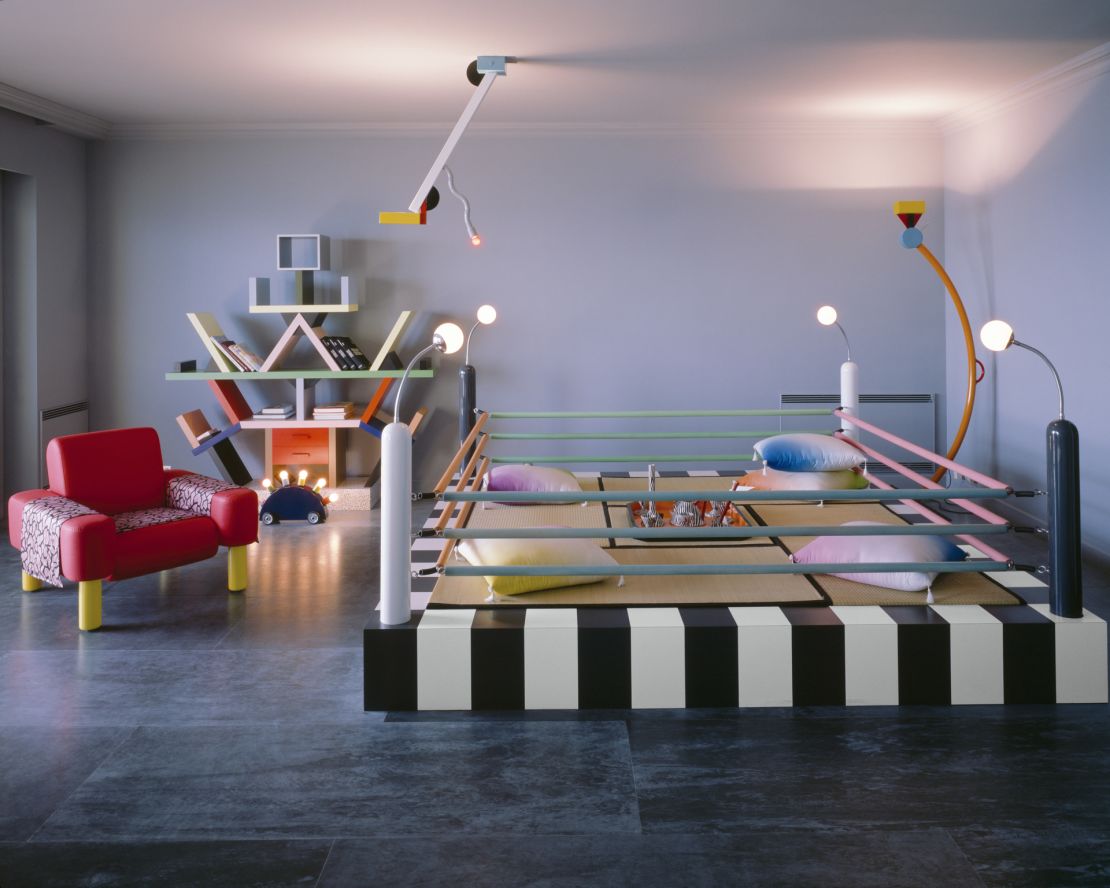 Lagerfeld's residence in the La Rocabella apartment block in Monte Carlo was filled with whimsical, geometric furniture designed by the Memphis Group — including a boxing ring-inspired piece for entertaining.