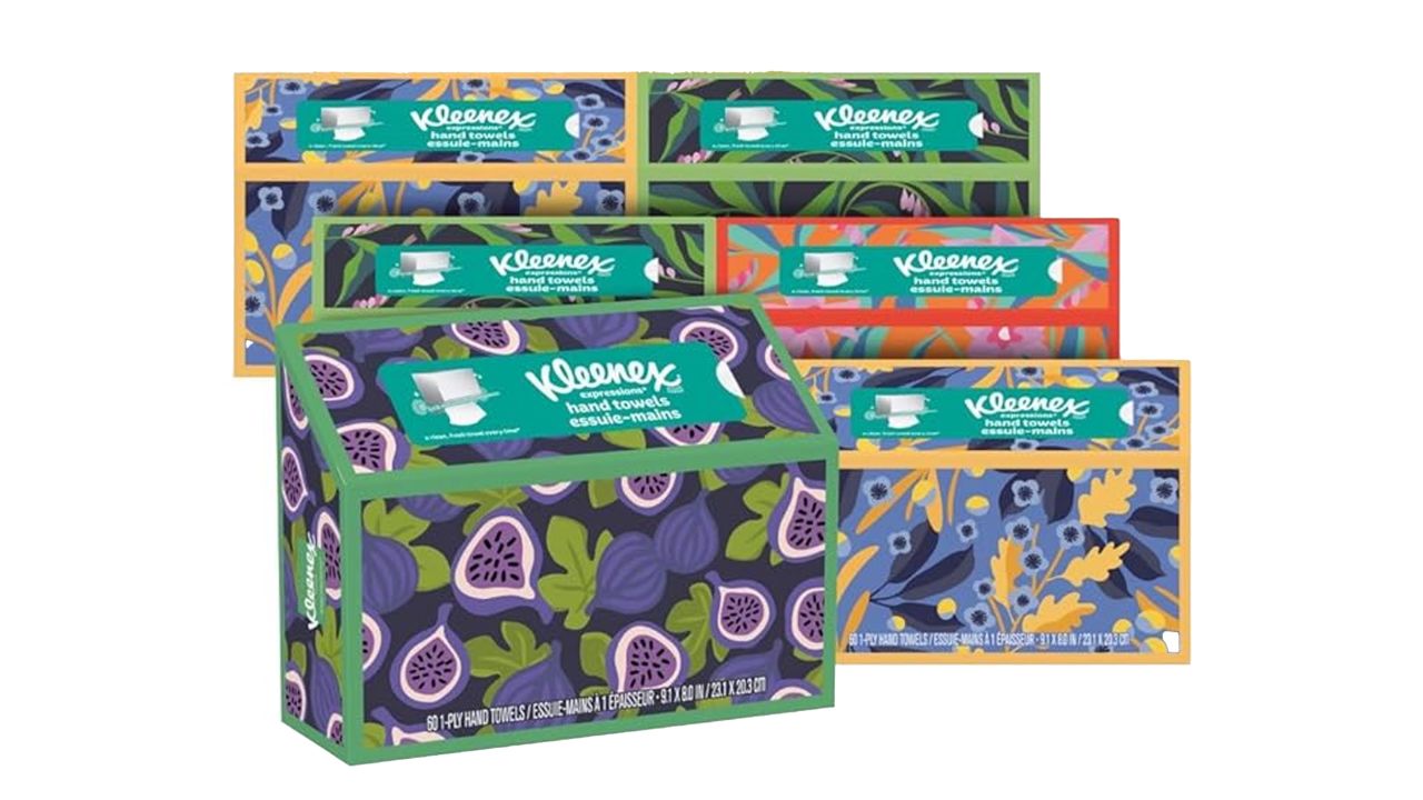 Kleenex Expressions Disposable Paper Hand Towels in blue and yellow prints