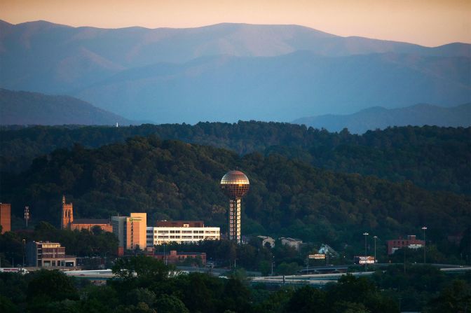 <strong>The Sunsphere: </strong>The distinctive Sunsphere, built for the 1982 World's Fair,  stands in front of the Great Smoky Mountains.