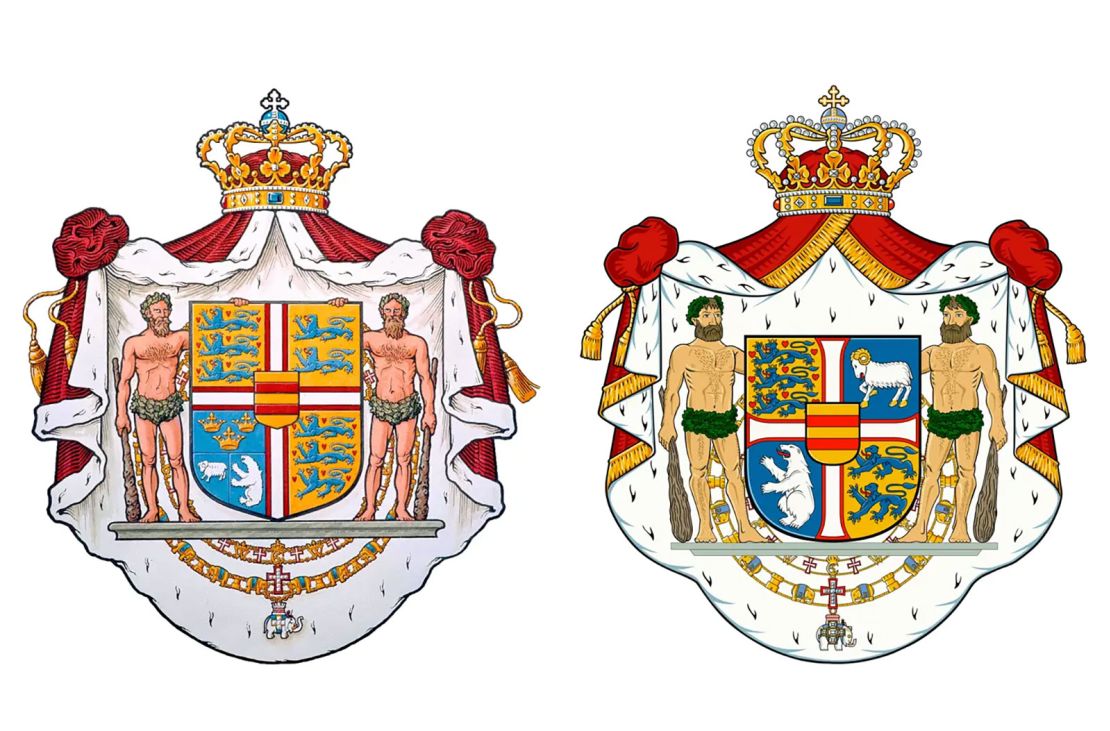 In the updated Danish royal coat of arms on the right, both the polar bear of Greenland and the ram of the Faroe Islands get their own quarters, instead of being together in the older version.