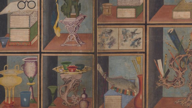 Chaekgado (Scholar’s Accoutrements in a Bookcase) (detail); Korea, Joseon dynasty,<br />19th century; six-panel folding screen, ink and mineral pigments on paper.