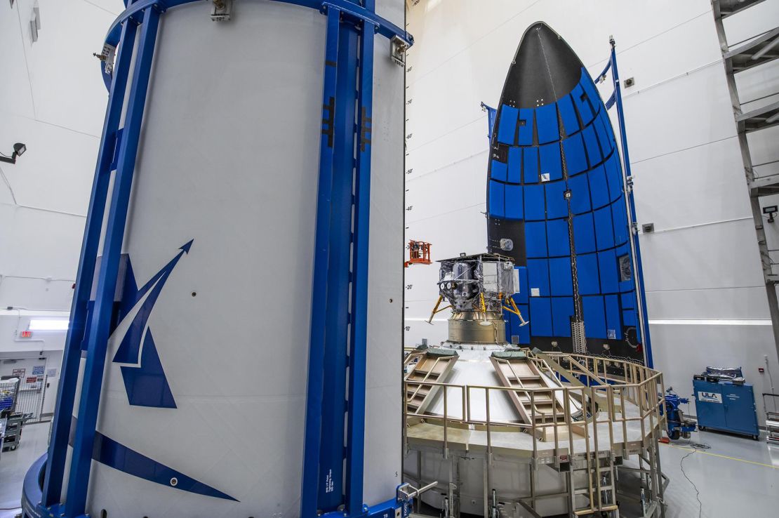 Astrobotic's Peregrine lunar lander is shown as it prepares to be encapsulated in the payload fairing, or nose cone, of United Launch Alliance's Vulcan rocket on November 21, 2023.