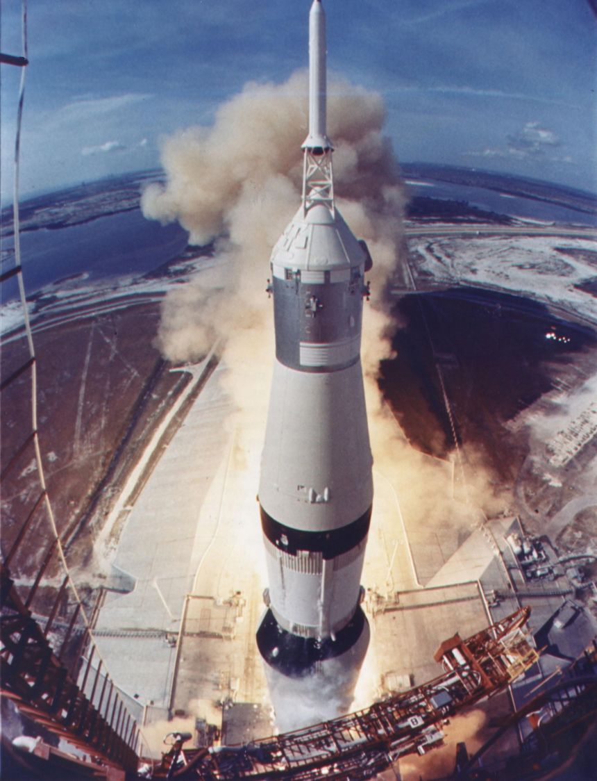 The Apollo 11 Saturn V rocket lifts off with astronauts Neil Armstrong, Michael Collins and Buzz Aldrin on July 16, 1969, from NASA's Kennedy Space Center in Florida.