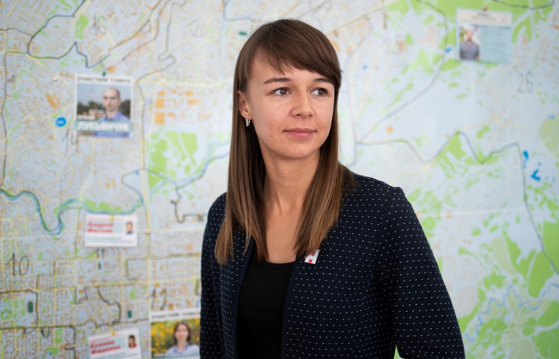 Ksenia Fadeeva poses for a portrait at a campaign office in Tomsk, Russia in September 2020.