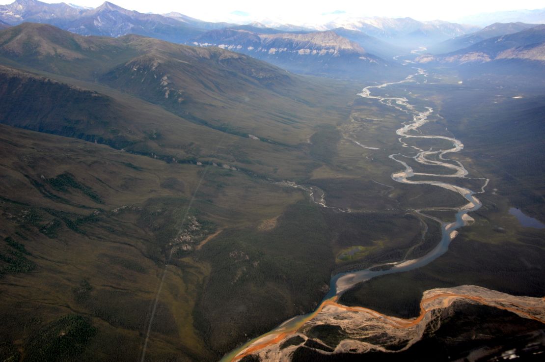 An aerial view of the Kutuk River in Alaska’s Gates of the Arctic National Park, where a portion<br />of the water is rust-stained.