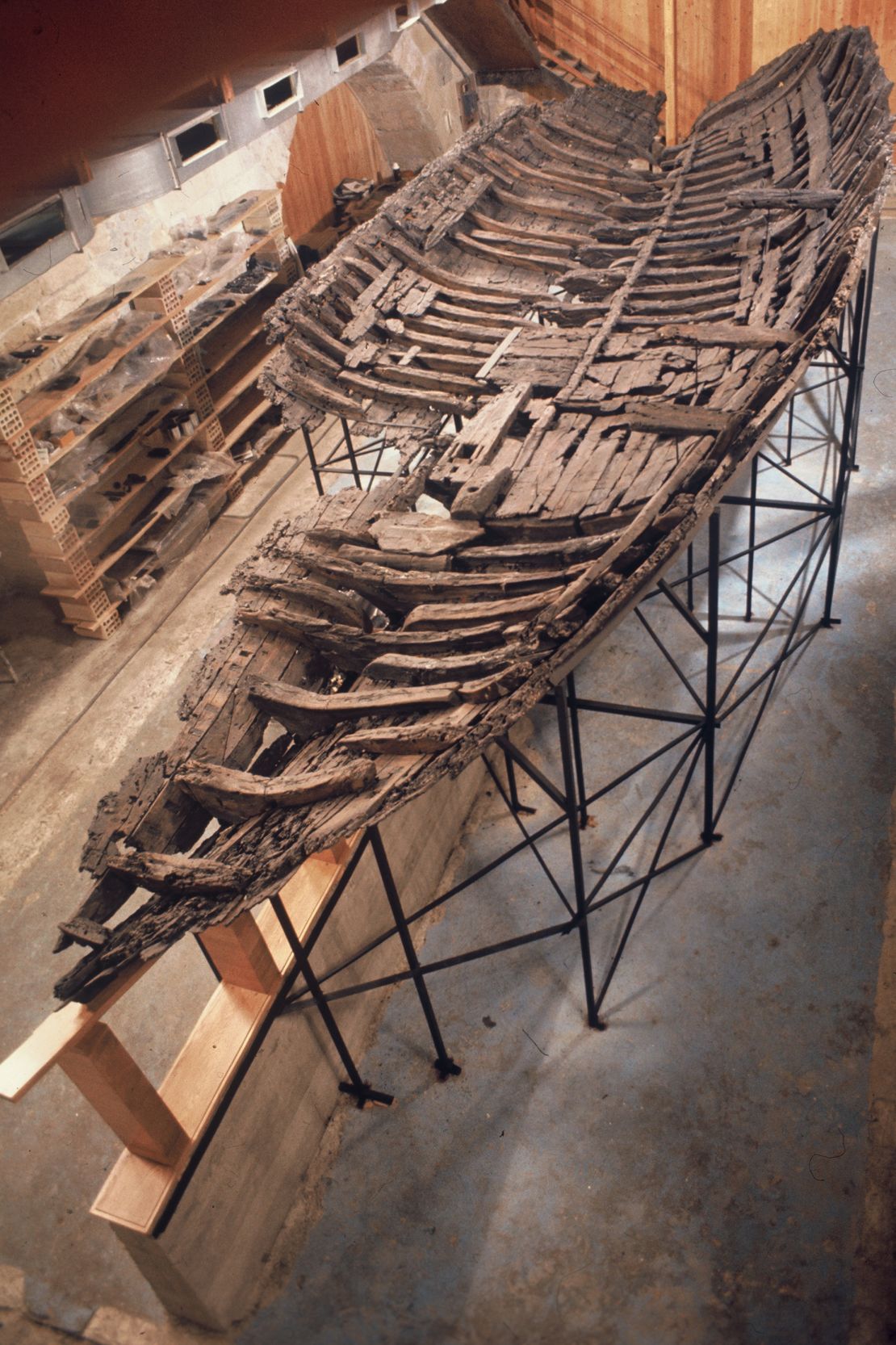 The Kyrenia ship's hull is seen shortly after it was raised from the seabed and reassembled.