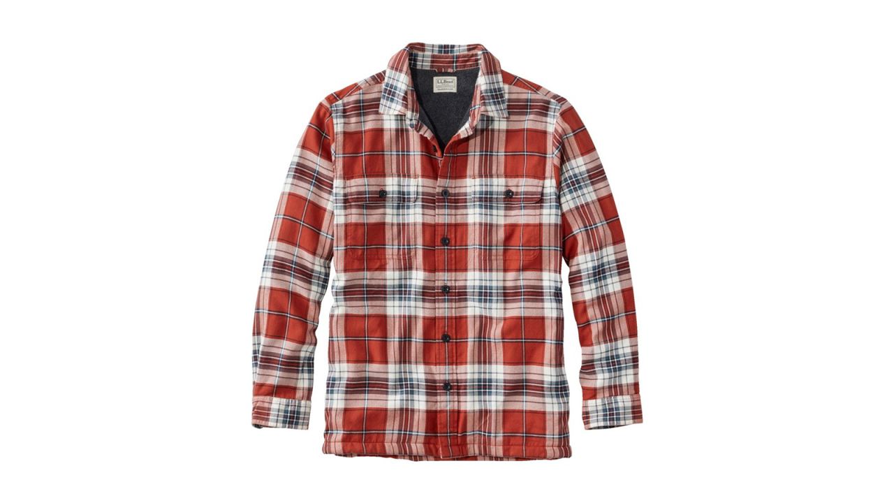 A red, white and black flannel shirt on a white background.