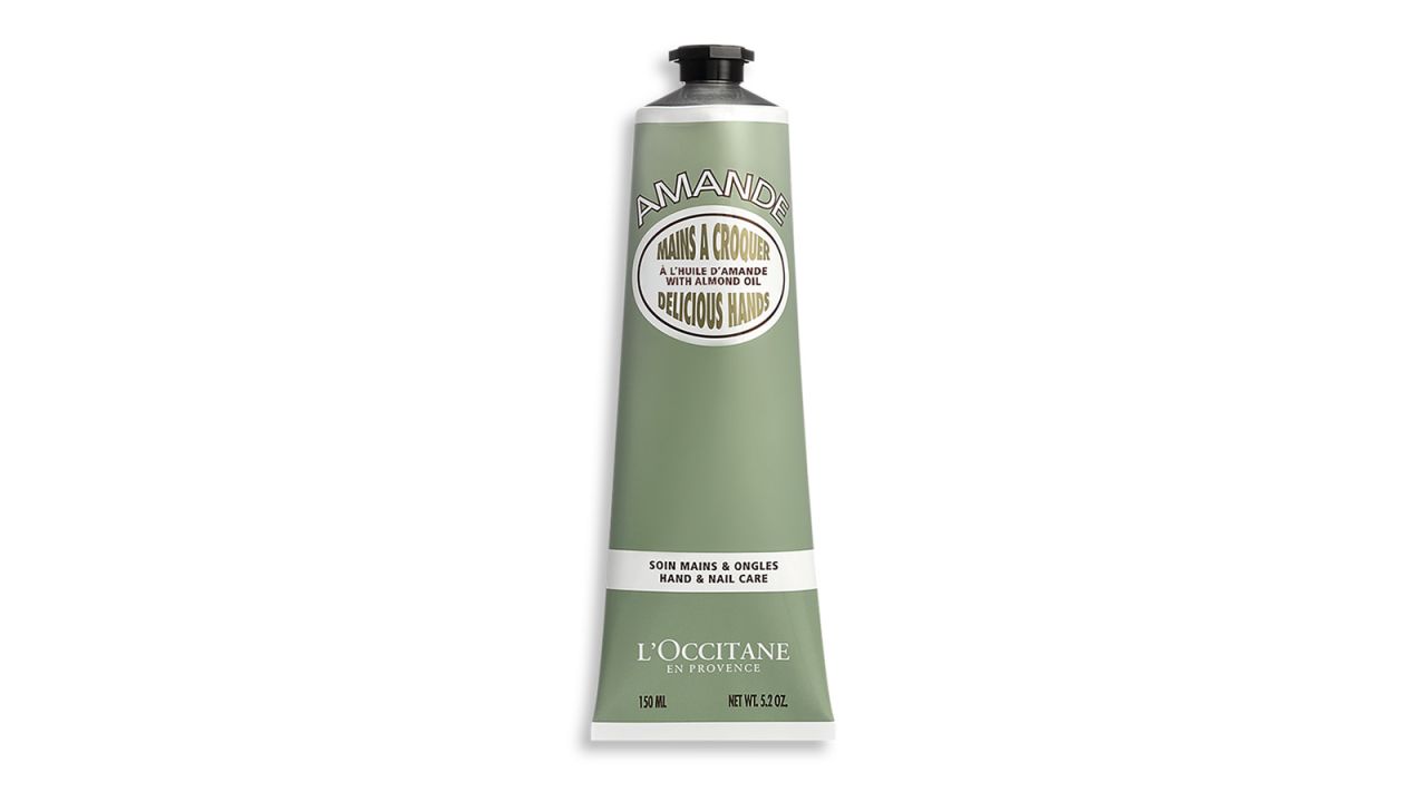 green tube of L’Occitane almond-scented hand lotion