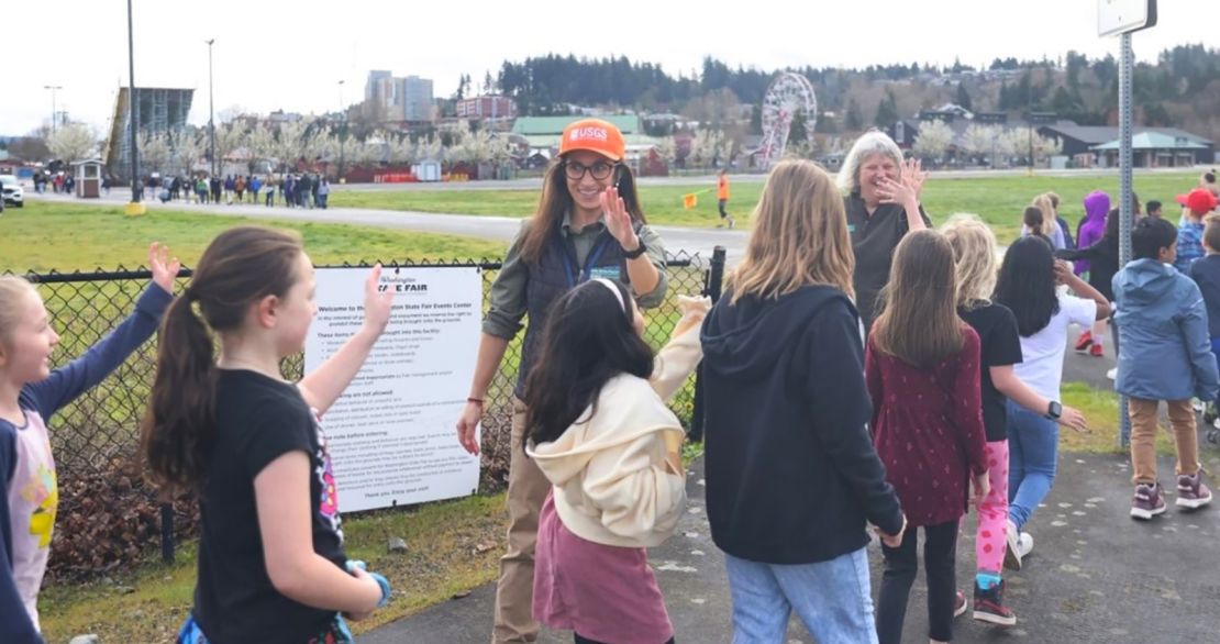 During a March drill, students walk to the Washington State Fairgrounds in Puyallup to practice evacuating from a lahar that could be generated by Mount Rainier.