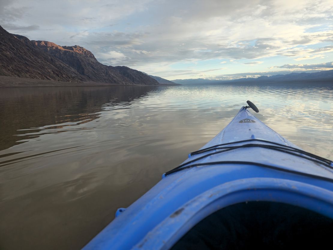 Amazingly, this is a shot of a kayak being taken out at Badwater Basin in normally dry-as-a-bone Death Valley National Park on February 9.