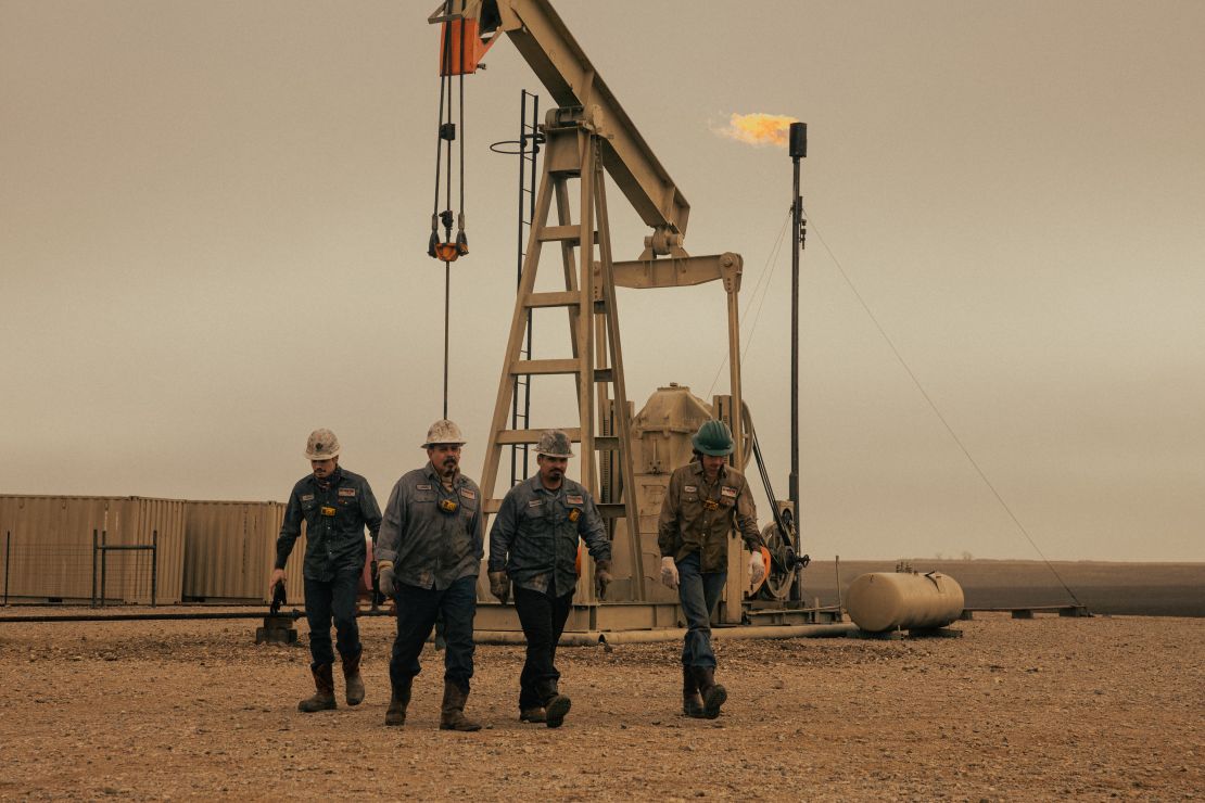 Adrian Hernandez as Craig, Emilio Rivera as Luis Medina, Michael Peña as Armando and Jacob Lofland as Cooper Norris in season 1, episode 1 of Landman streaming on Paramount+.