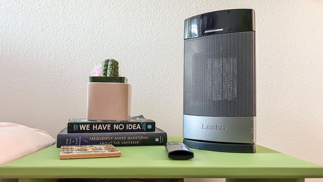 Lasko Ellipse Ceramic Tabletop Heater on a side table during testing