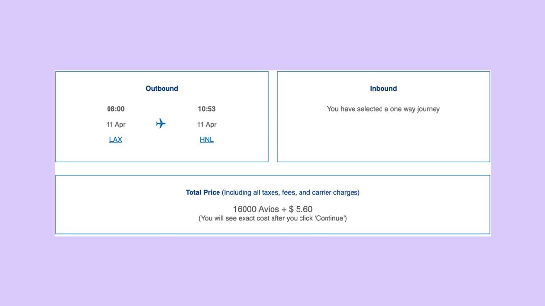 A screenshot of a British Airways award flight from Los Angeles to Honolulu