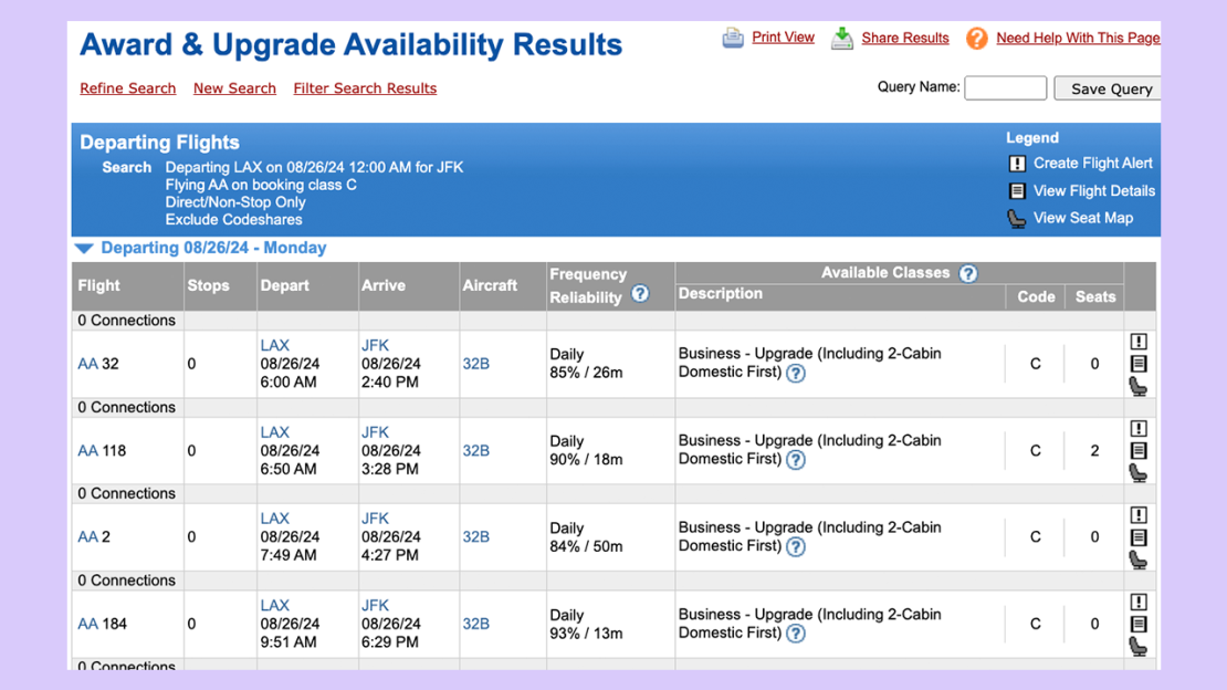 This shows that there are two seats in the "C" fare to confirm business class on AA 118.