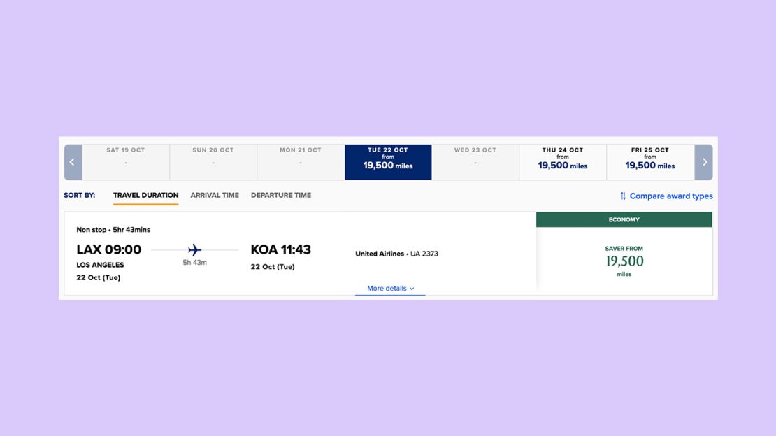 A screenshot of a Singapore Airlines KrisFlyer award from Los Angeles to Kona on United Airlines