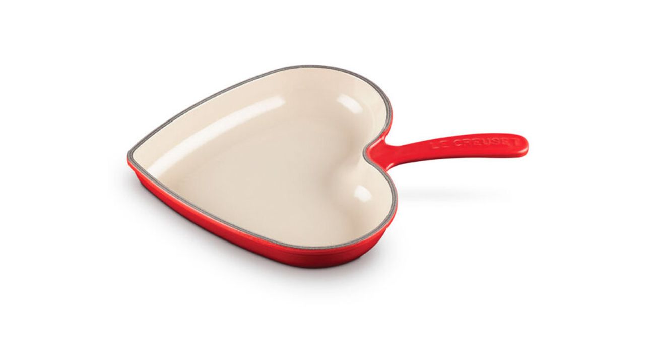 A heart-shaped ceramic skillet.