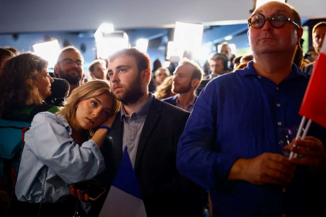 Simpatizantes de RN en París reaccionan a los resultados de la segunda vuelta de las elecciones parlamentarias sas de julio de 2024.