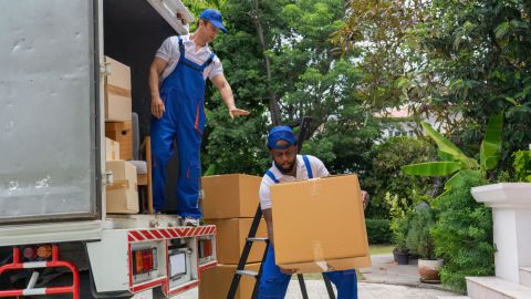 Moving crew loading boxes into a moving truck.