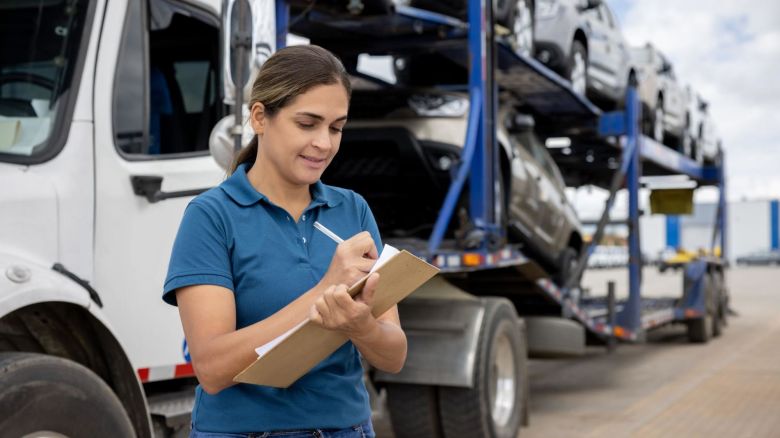 Auto shipping technician filling out a form in front of a vehicle transport truck.