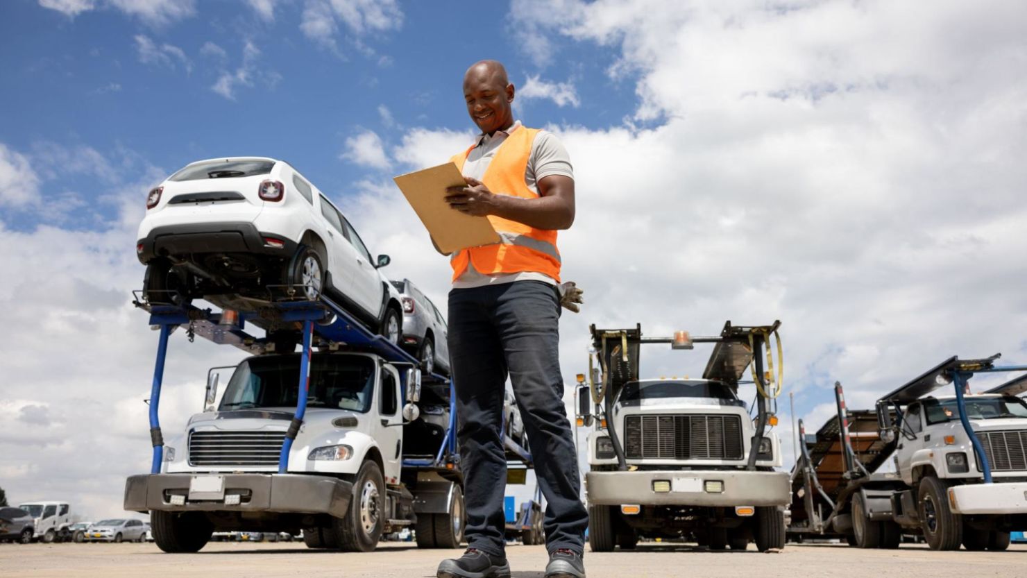 Auto transport worker checking a clipboard before departure.