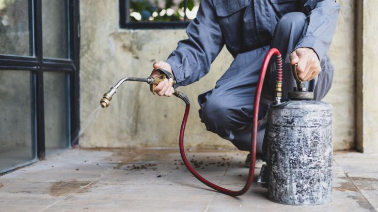 Exterminator spraying the exterior of a home.