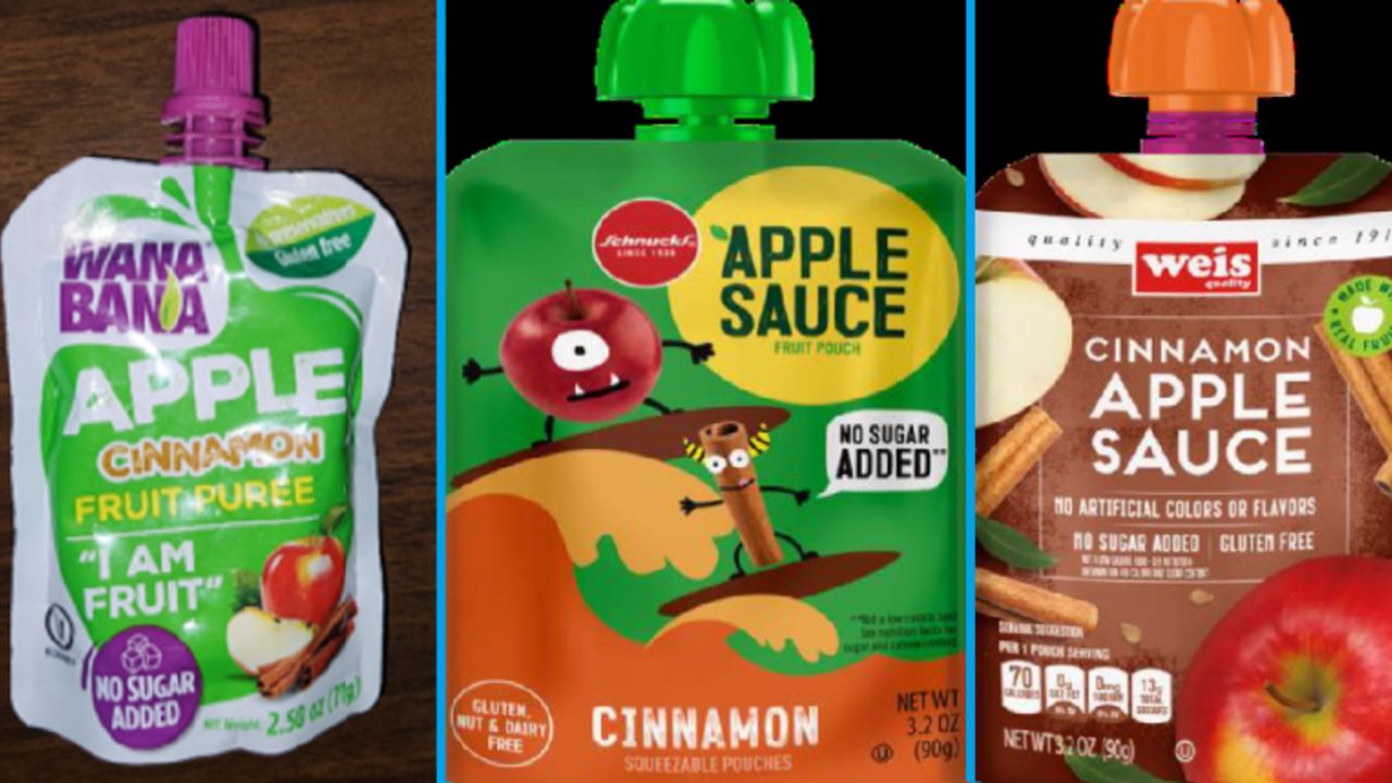 The FDA recalled certain apple puree and applesauce products from three brands of fruit pouches: WanaBana apple cinnamon fruit puree pouches, Schnucks brand cinnamon-flavored applesauce pouches and variety pack, Weis brand cinnamon applesauce pouches.