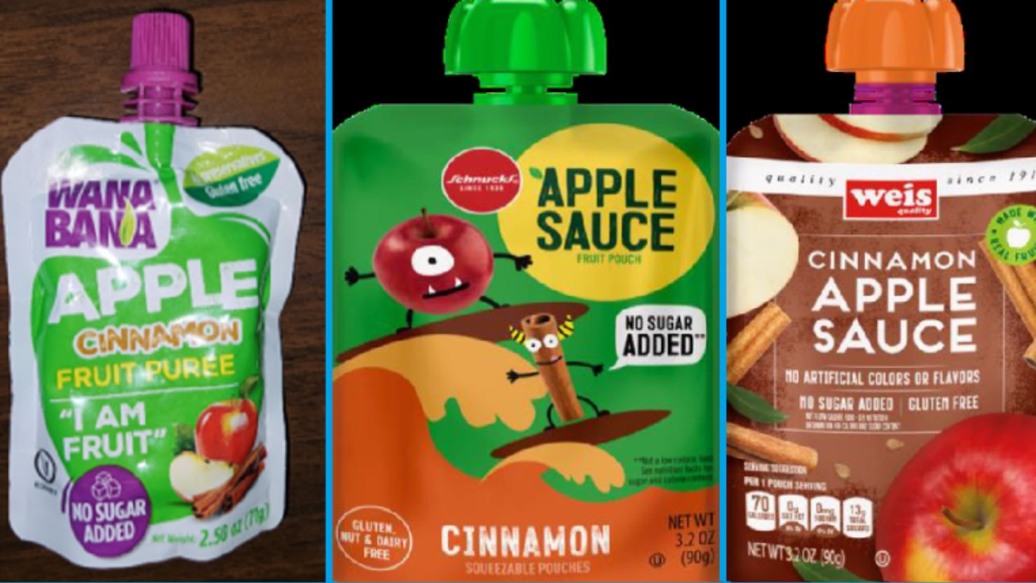 WanaBana apple cinnamon puree pouches, Schnucks-branded cinnamon applesauce pouches and variety packs and Weis-branded cinnamon applesauce pouches have been recalled.