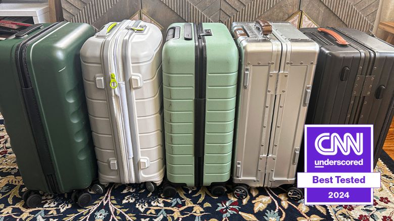 A photo of five carry-on bags with a CNN Underscored Best Tested logo in the lower right-hand corner