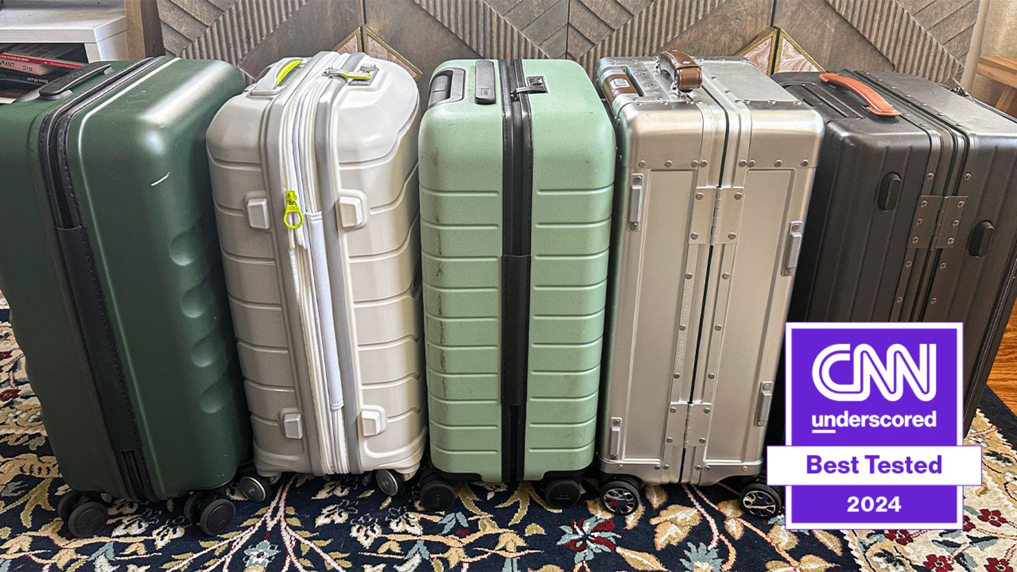 A photo of five carry-on bags with a CNN Underscored Best Tested logo in the lower right-hand corner