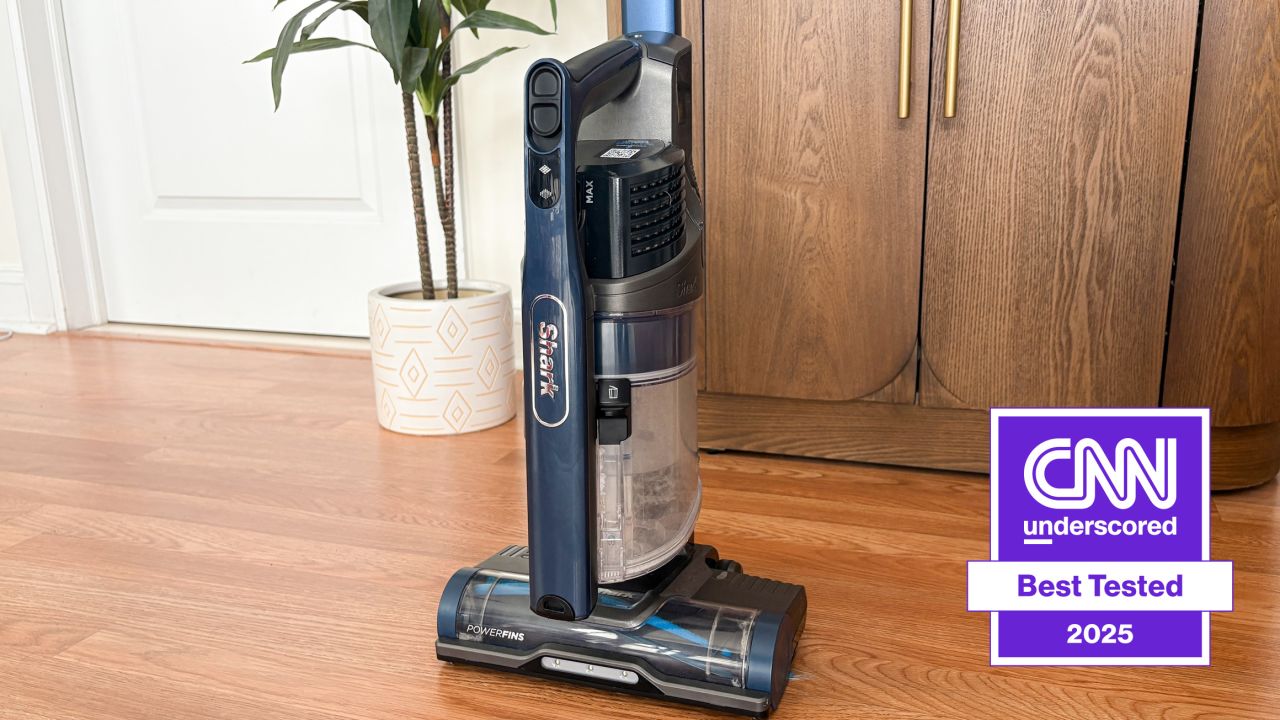 The Shark Pet Plus Cordless Stick Vacuum IZ361H collapsed for storage.
