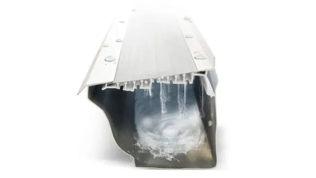 LeafFilter’s 275-micron stainless steel gutter guard design has a uPVC frame with a built-in pitch to help shed debris.