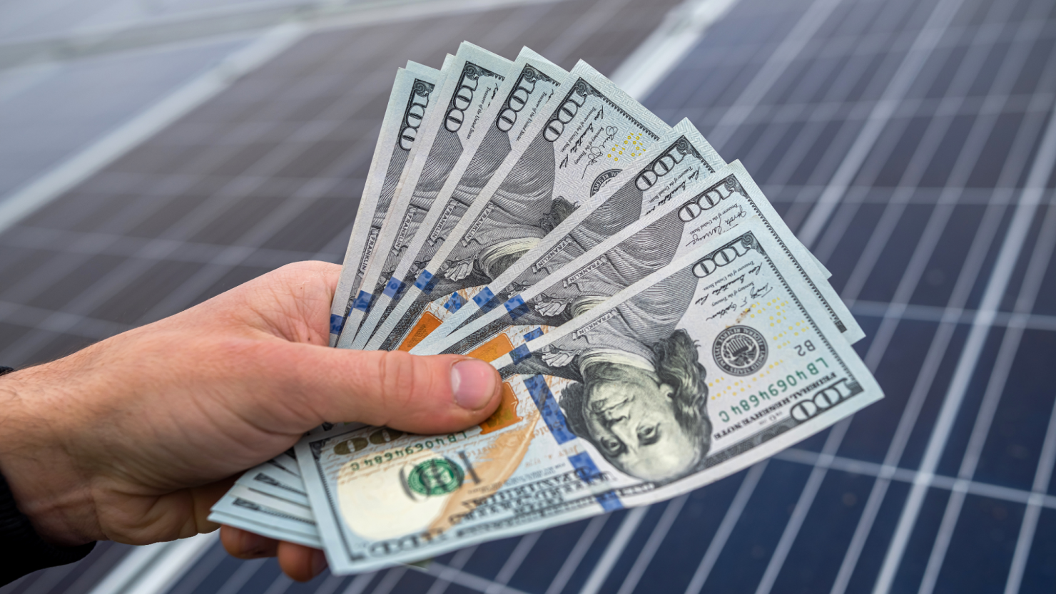 Hand holding money near solar panels