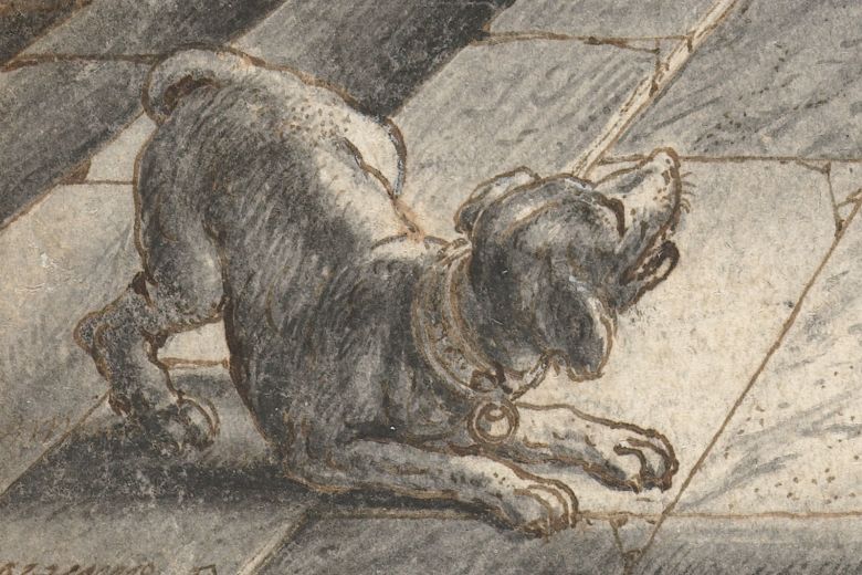 Detail of the dog in a 1619 illustration by artist Adriaen van de Venne.