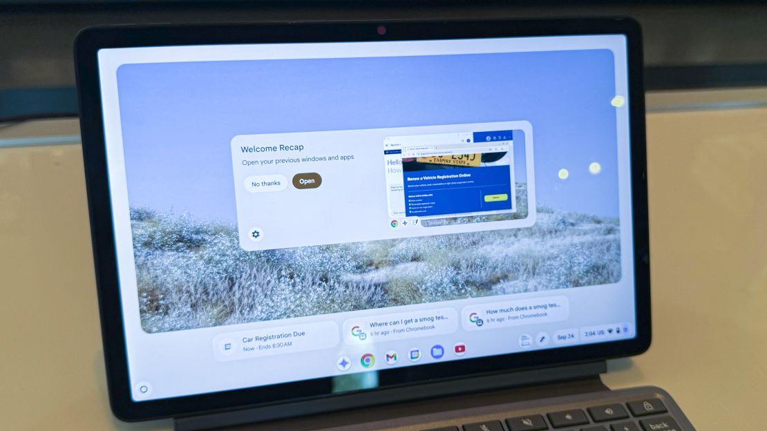 The Lenovo Chromebook Duet 11-inch is open to the Welcome Recap screen which shows the user's previous vehicle registration actions.