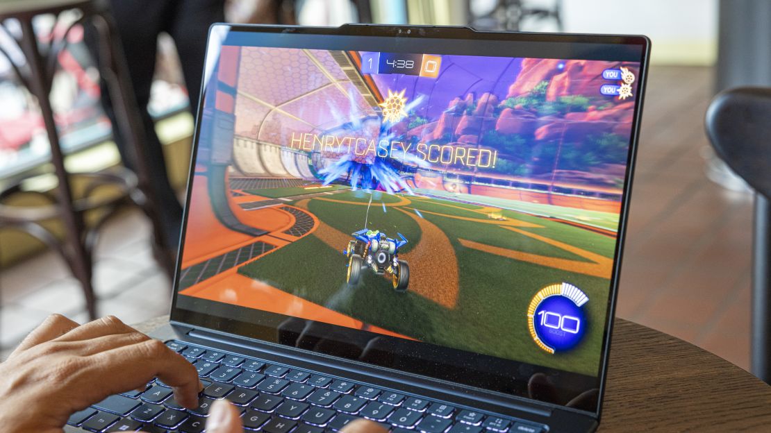 Henry's just scored a goal in Rocket League on the Lenovo Yoga Slim 7x