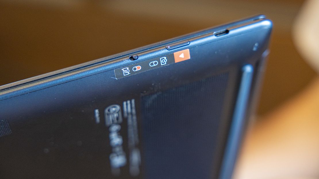 The Lenovo Yoga Slim 7x's webcam disabling privacy switch is to the left of its third USB port 