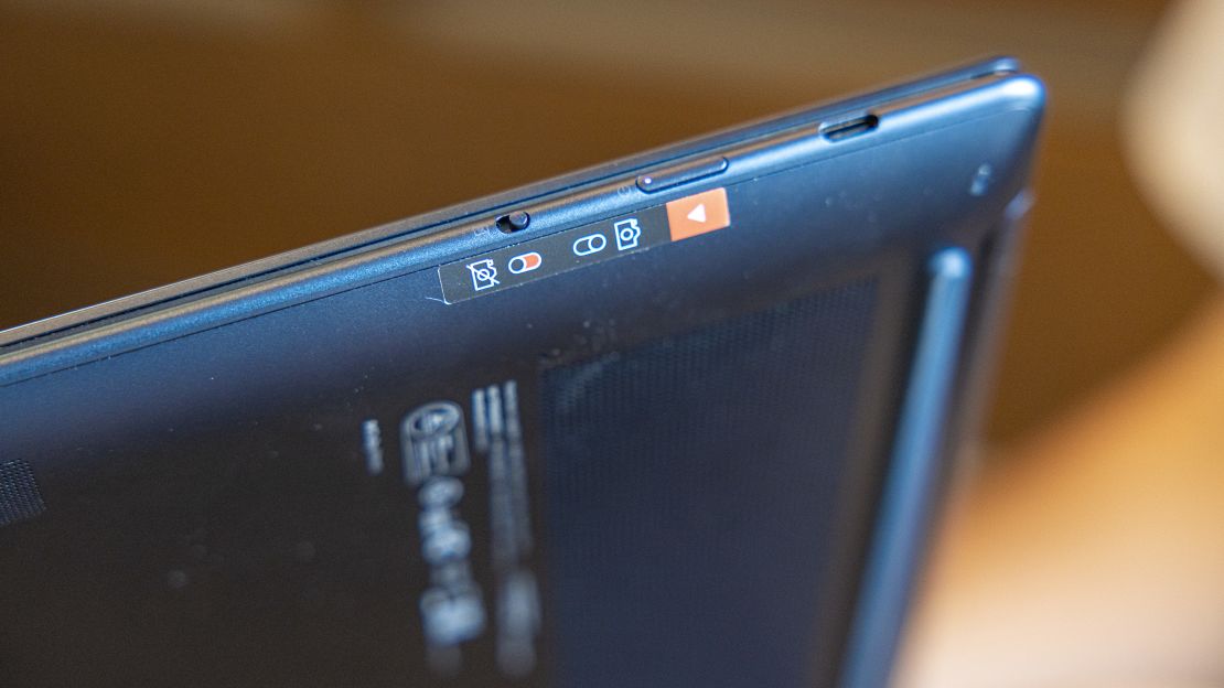 The Lenovo Yoga Slim 7x's webcam disabling privacy switch is to the left of its third USB port