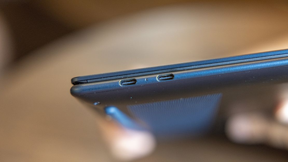 A closeup of the two USB-C ports on the left side of the Lenovo Yoga Slim 7x