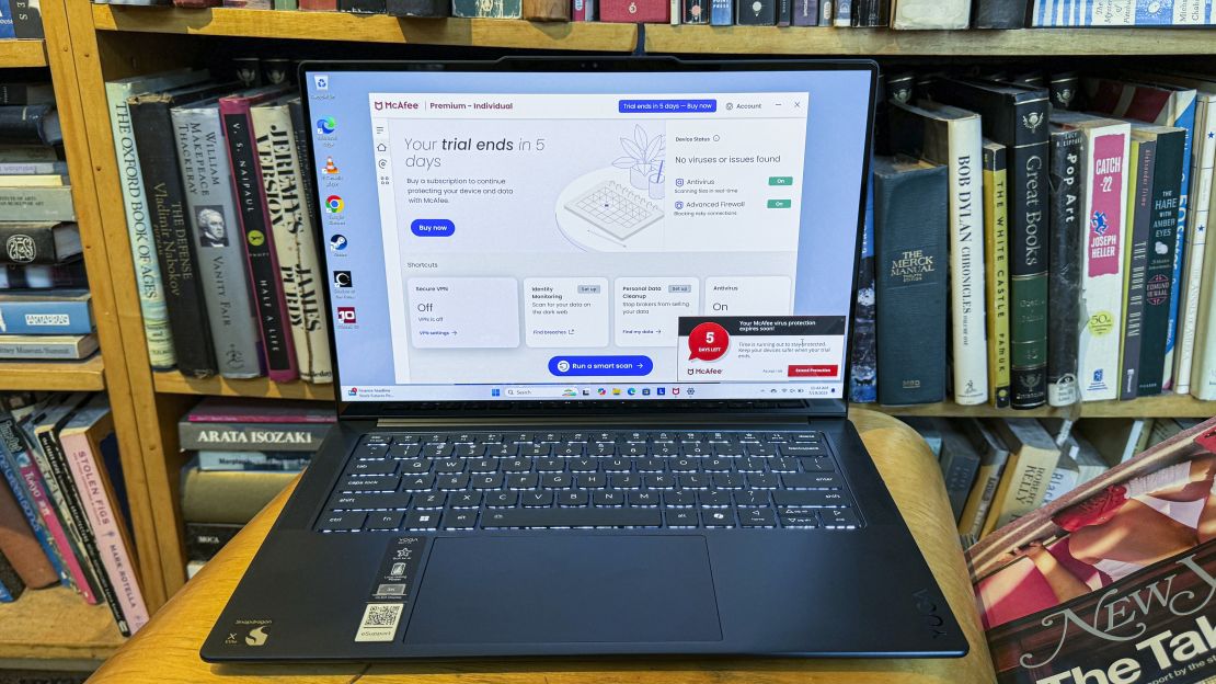The Lenovo Yoga Slim 7x has the McAfee antivirus utility open, and that trial will expire in 5 days