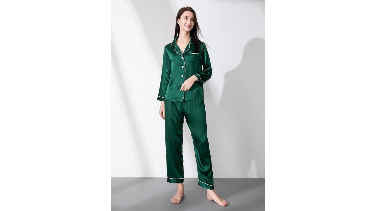 Woman wearing lepton mulberry silk pajama set in emerald green