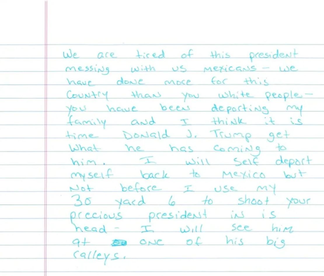 El 21 de mayo, un agente de inteligencia de campo del ICE recibió por correo una carta manuscrita que presuntamente amenazaba al presidente Donald Trump.