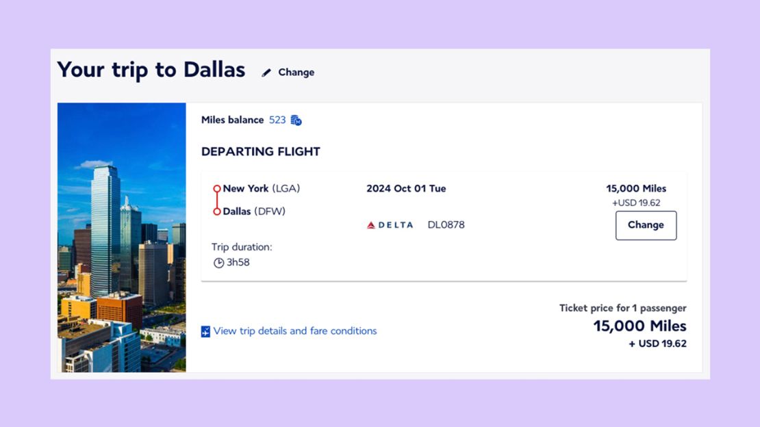 A screenshot of a Flying Blue award itinerary from New York to Dallas operated by Delta Air Lines