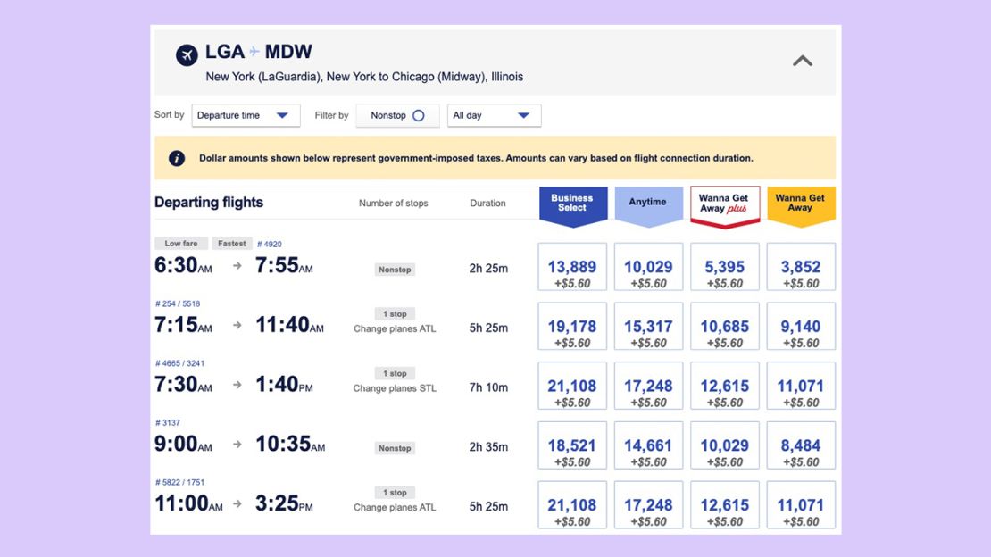A screenshot of Southwest award flight search results from New York to Chicago