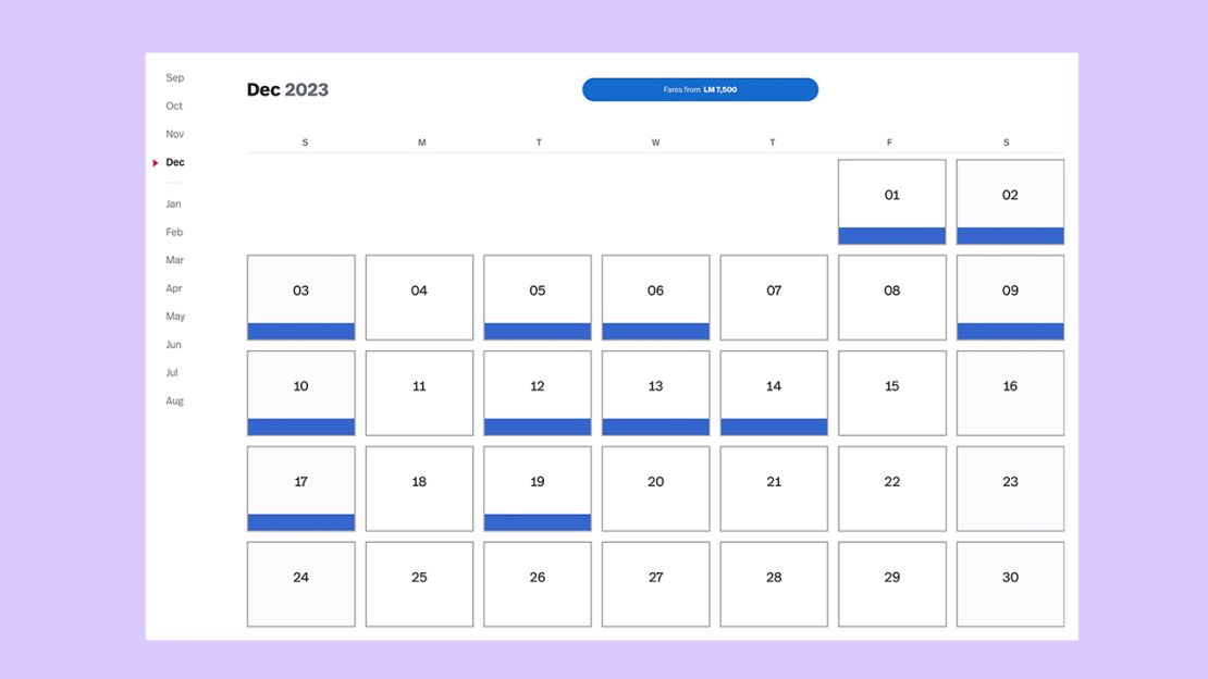 A screenshot of the Avianca LifeMiles award calendar for flights from Chicago to New York City in December 2023